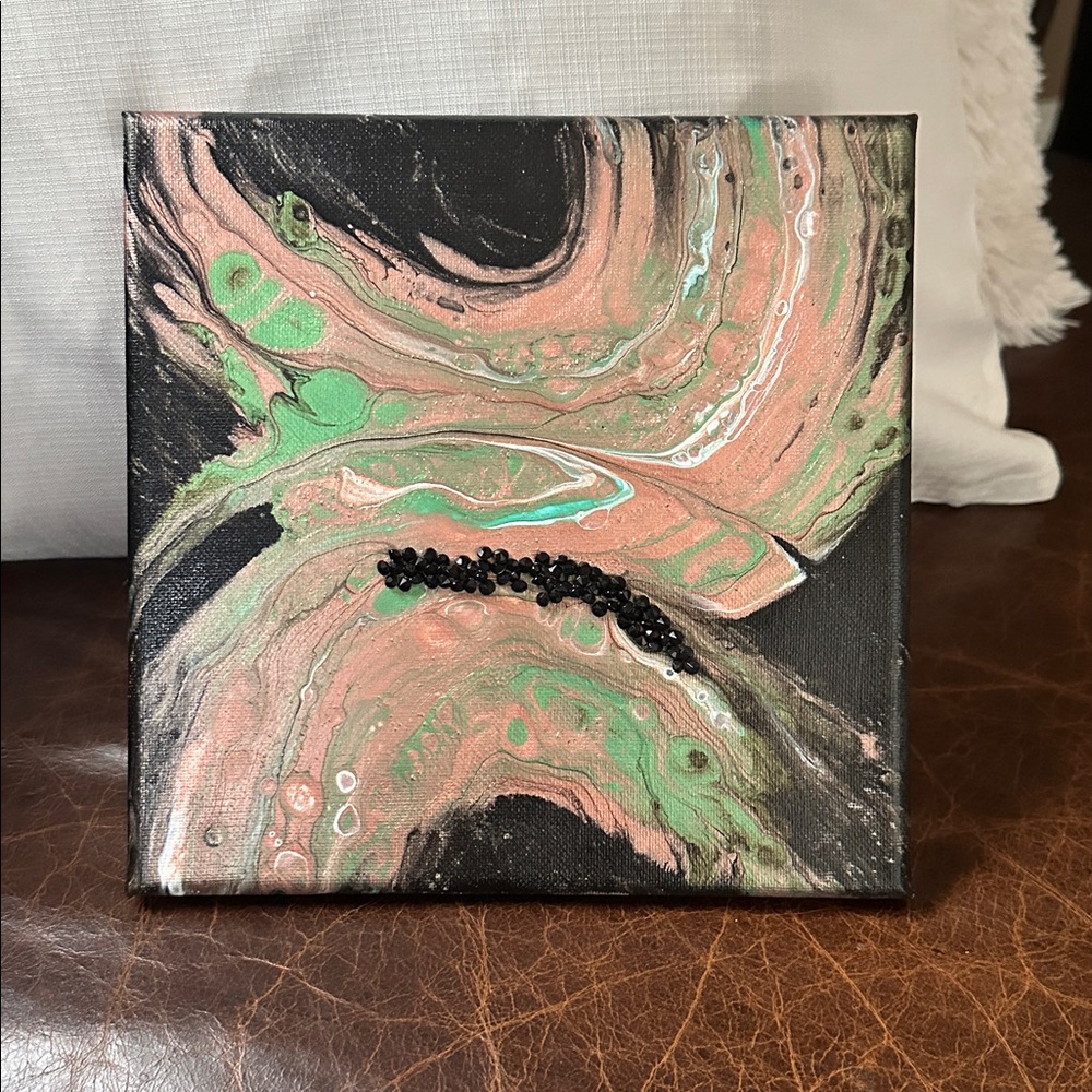 Hand crafted abstract acrylic painting on canvas black and green